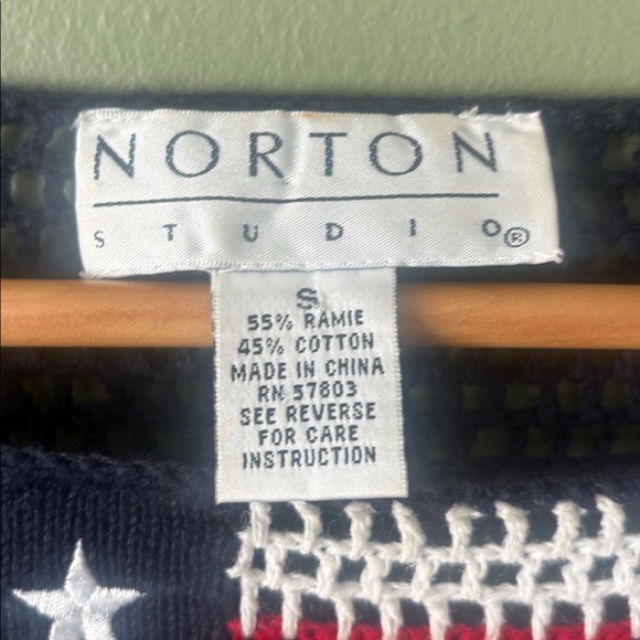 VTG 90s Y2K Norton Mcnaughton Patriotic American Flag Navy Crochet Sweater Sz S - Picture 3 of 4